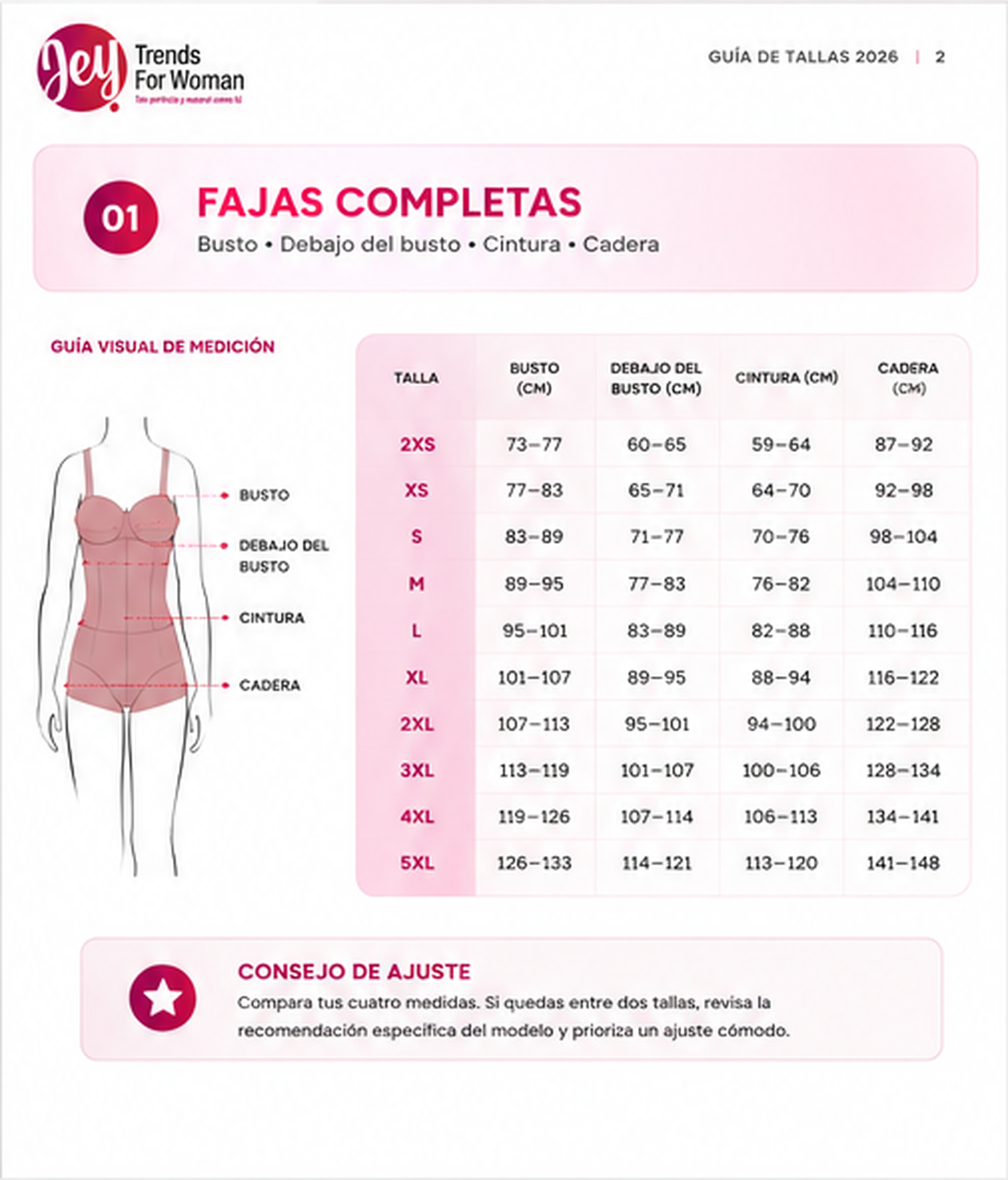 Guía de tallas JEY 2026 para fajas completas con medidas de busto, debajo del busto, cintura y cadera.