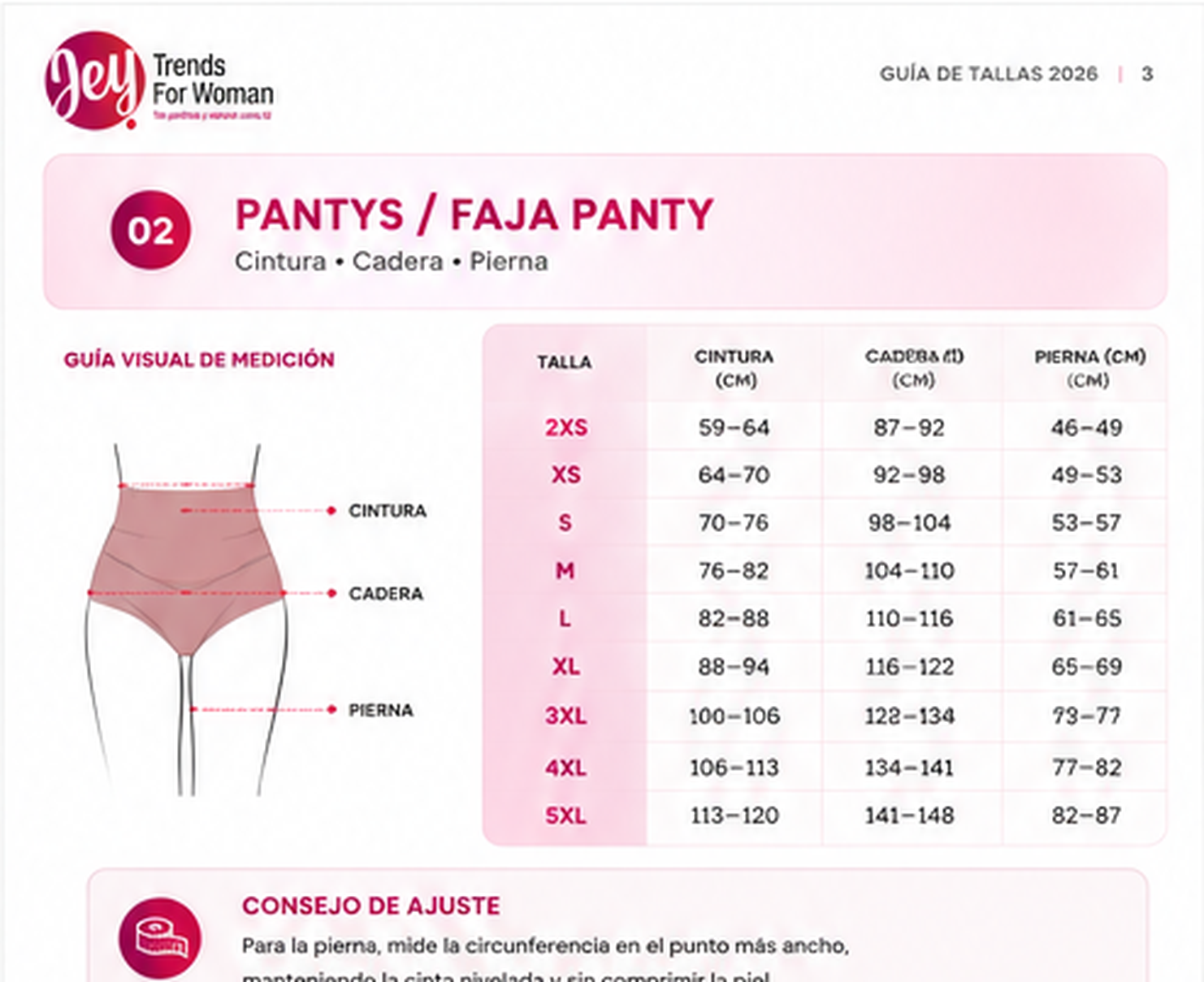 Guía de tallas JEY 2026 para pantys y faja panty con medidas de cintura, cadera y pierna.