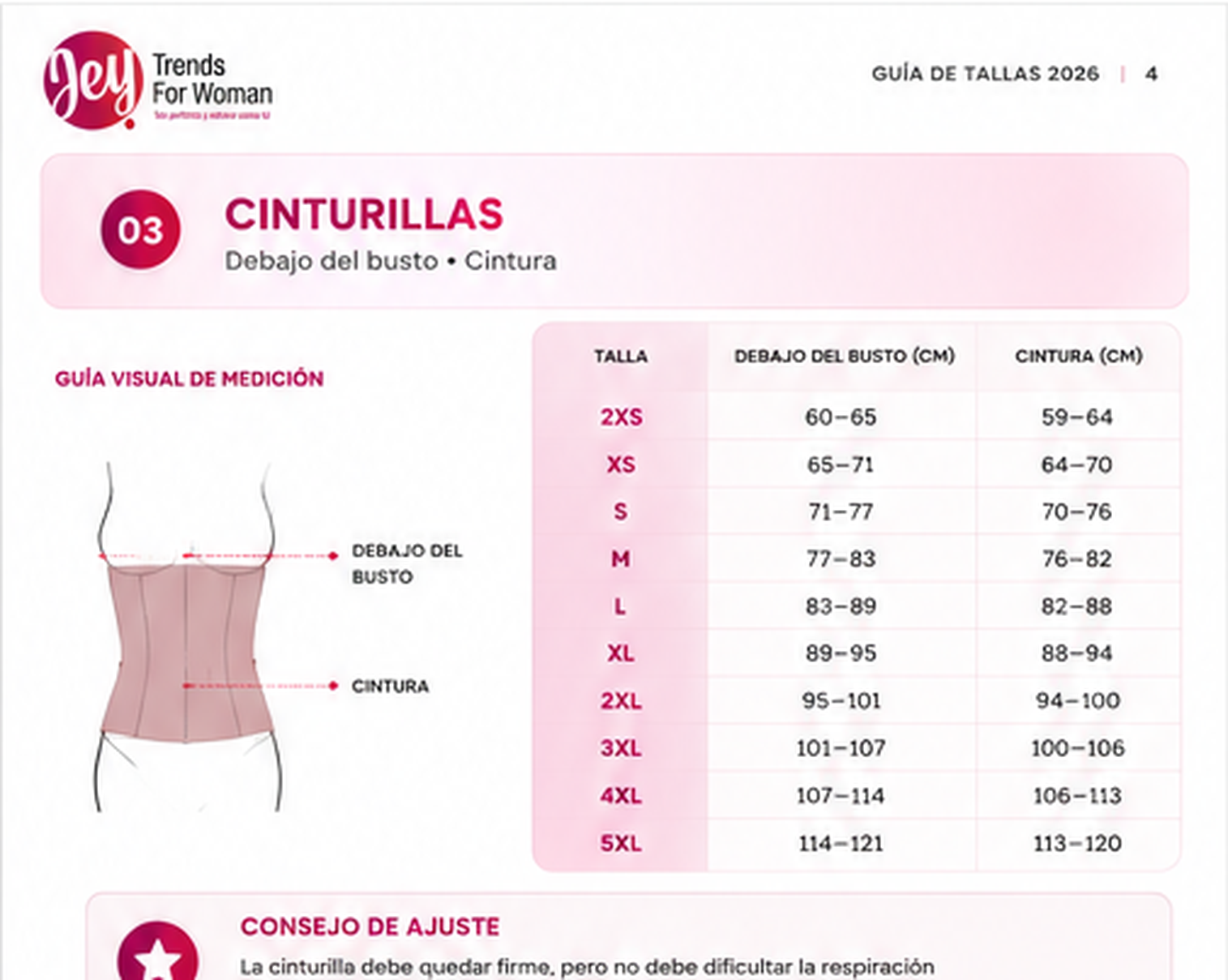 Guía de tallas JEY 2026 para cinturillas con medidas de debajo del busto y cintura.