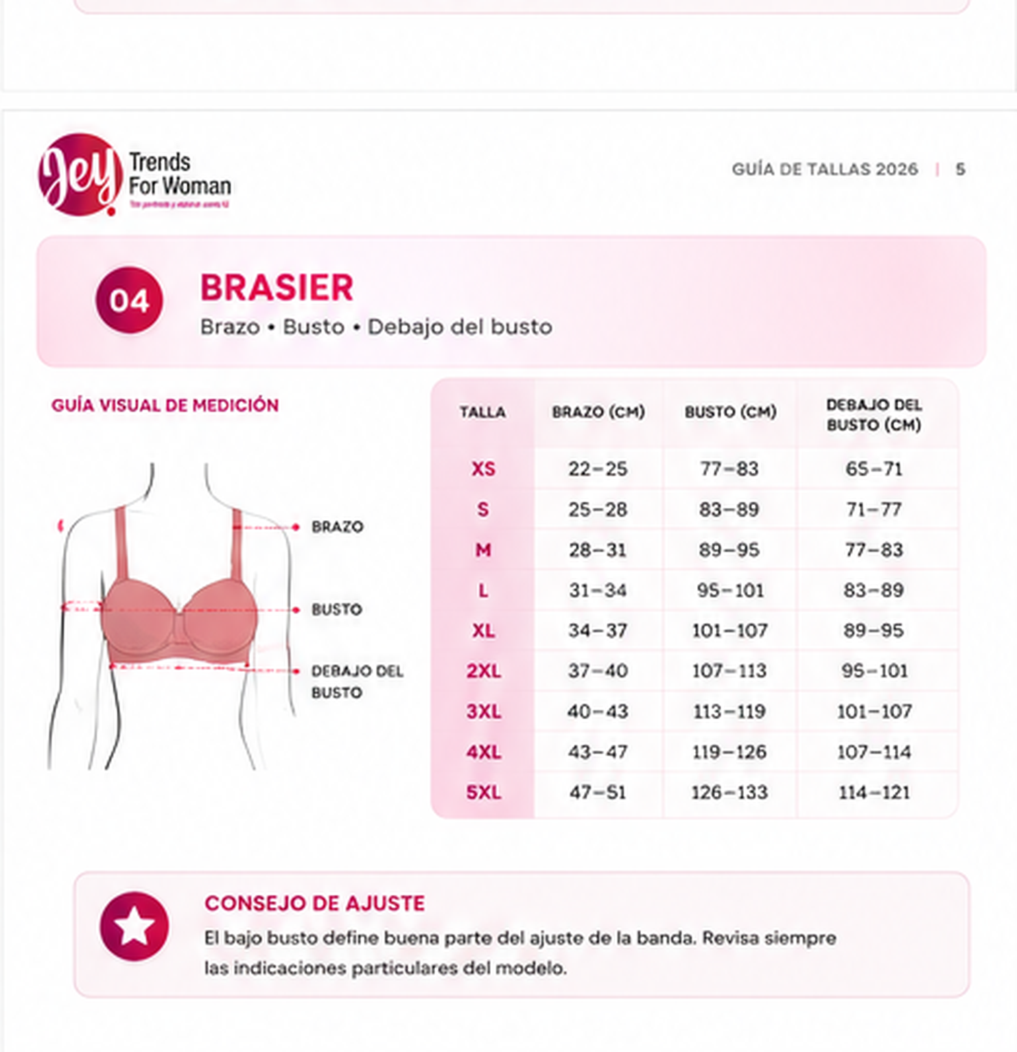 Guía de tallas JEY 2026 para brasier con medidas de brazo, busto y debajo del busto.